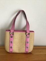 maxx new york shoulder bag woven flax Pink leather trim + handles silver rivets - £8.26 GBP