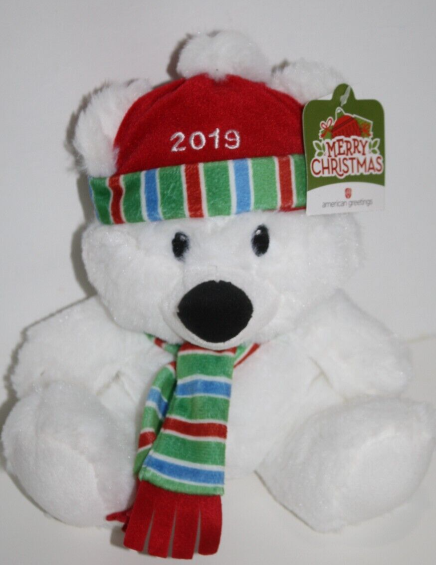 American Greetings 2019 Christmas Teddy Bear 8" Hat Scarf Soft Toy Stuffed Tag - $6.90