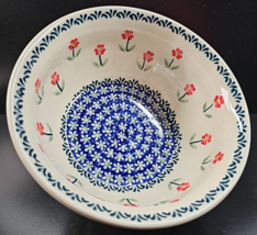 Boleslawiec Polish Pottery Serving Bowl Floral Red Blue Green Leaves Polish Dish - £45.28 GBP