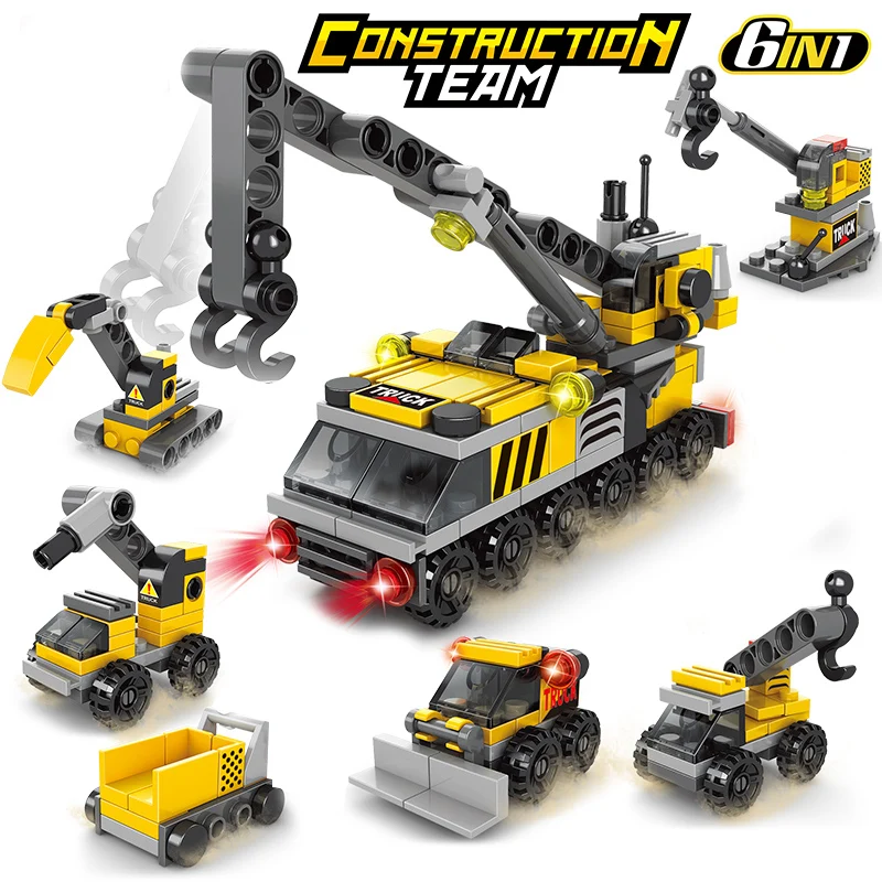 6 IN 1 DIY Building Blocks Kit City Construction Team Truck Crane Forklift - £10.41 GBP