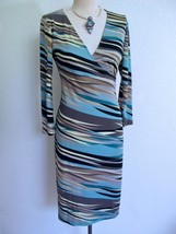 BCBG MaxAzria Stretch Dress S Surplice Wrap Blue Brown Stripe 3/4 Sleeve - £23.91 GBP