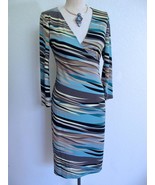 BCBG MaxAzria Stretch Dress S Surplice Wrap Blue Brown Stripe 3/4 Sleeve - £23.59 GBP