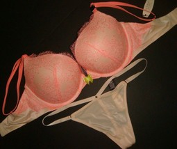Victoria&#39;s Secret 32DD Conjunto Sujetador O/S Tanga Nude Beige Naranja Rosa - £58.51 GBP