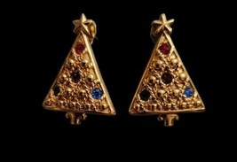 Vintage Christmas Tree Holiday Earrings Gemstone Colored Rhinestones Gold... - $7.92