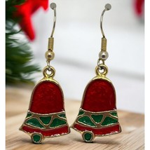 Christmas Bell Dangle Earrings Vintage Red Green Enamel Gold Tone Accents - £9.52 GBP