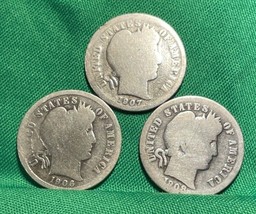 Liberty Head (Barber) 3 Silver Dimes, JH.1906-1907-1908 90% Silver - $22.28