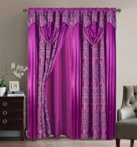 Maya Flowers Purple Curtains Windows Panels With Attached Valance 2 Pcs Set - £38.75 GBP