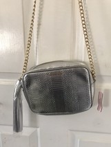 Victoria&#39;s Secret Crossbody Handbag Purse Silver Snakeskin Gold Chain Ha... - $24.75