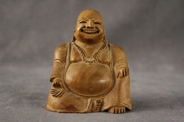 Vintage Chinese Huanghuali Carved Wood Happy Laughing Buddha Figurine 3.25&quot; - £19.64 GBP