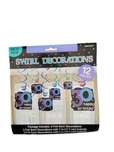 30th Birthday Swirl Decorations 12 Foil Cutouts Happy Birthday Purple Blue - £7.56 GBP