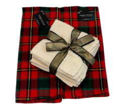 Christmas Kitchen Tea Towel &amp; Dishcloth 8 PC Set Red Green Gold Creamy White - £15.29 GBP