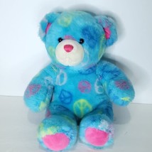 Build A Bear Blue Peace Sign 15&quot; Pink Paws Ears Stuffed Animal Plush - £18.82 GBP