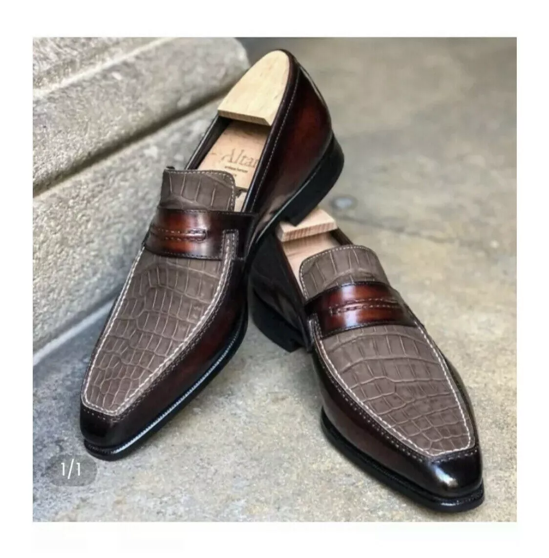 Custom Handmade Men&#39;s leather formal Crocodile Texture Slip on leather s... - $159.99