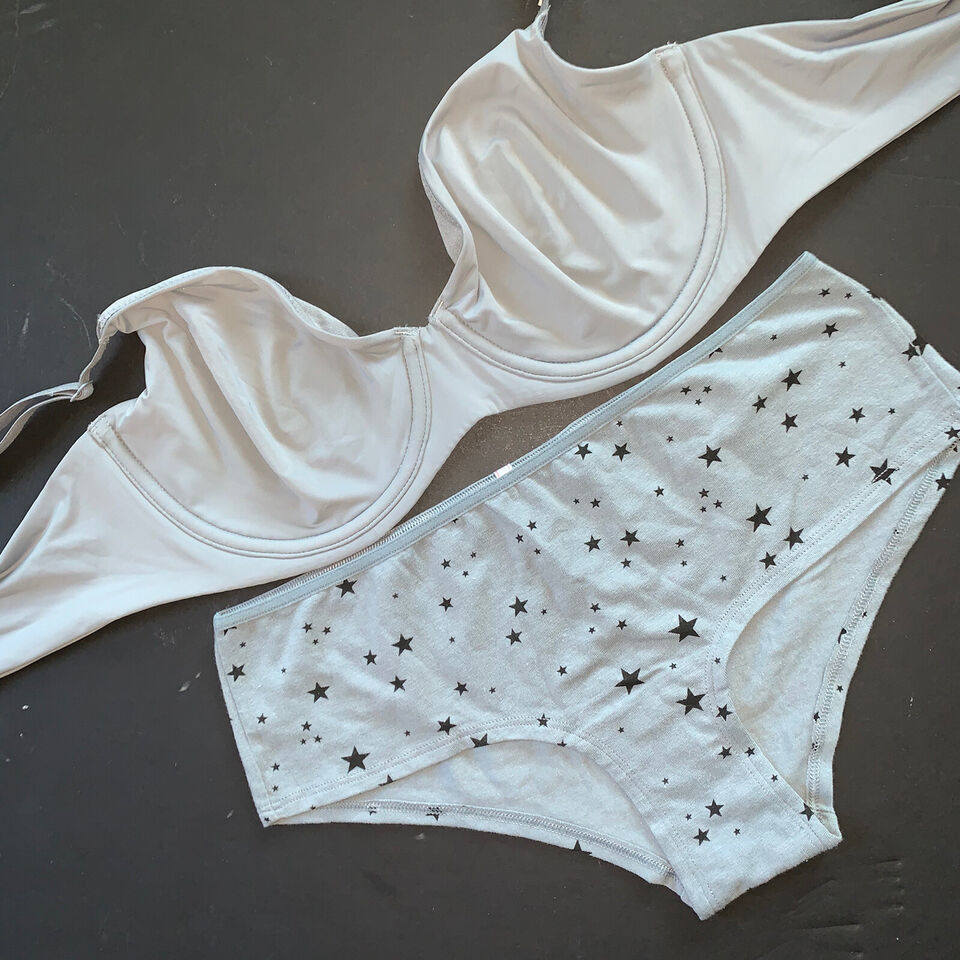 Victoria&#39;s Secret unlined 36C BRA SET M Cotton Panty GRAY black Stars SM... - $49.49