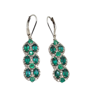 Natural Emerald &amp; Diamond Dangle Earrings in Sterling Silver - £254.20 GBP