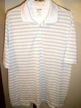 Men&#39;s ADIDAS GOLF CLIMALITE POLO SIZE LARGE WHITE W/BLUE AND TAN - $25.73