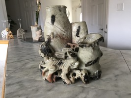 Vintage Chinese Soapstone Carving 3 Vases &amp; Dog Sculpture - $320.00