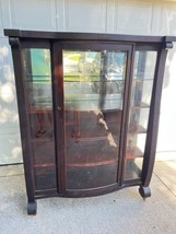 Antique Mahogany Bookcase Curio Cabinet Curved Glass Scrolled Wood With Key - £670.50 GBP