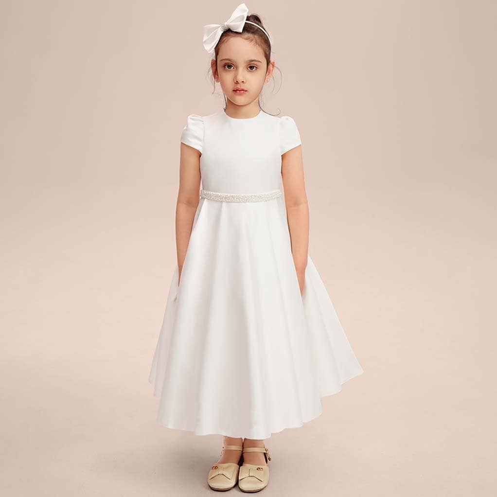 A-line Scoop Floor-Length Satin Pageant Party, Flower Girl, first communion dres