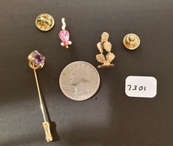 3 Vintage Pins – Gold Tone Cactus &amp; Pink Mouse &amp; Faux Amethyst Stick - £7.89 GBP