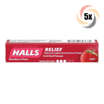 5x Packs HALLS Relief Strawberry Sore Throat Cough Drops ( 9 Drops Per Pack) - £10.69 GBP