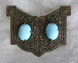 Antique Victorian Ancient Style Glass Turquoise Cabochon Brooch 19th century - £75.88 GBP