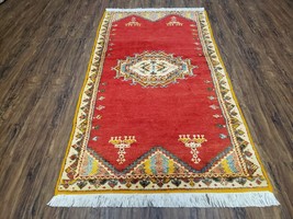 Vintage Moroccan Medallion Area Rug 4x6 Red Hand-Knotted Wool Carpet 3&#39;4&quot; x 6&#39;4&quot; - £391.62 GBP