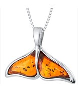 Sterling Silver Baltic Amber Whale Tail Pendant Necklace - €90,94 EUR