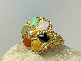 Vtg 14K Yellow Gold Multi Colored Gemstone &amp; Pearl Ring Sz 7 Jewelry 7.62g - £385.91 GBP