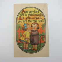 Postcard Boy &amp; Good Girl Yellow Dress Kiss By Fence Daisy Flowers Antique 1917 - £7.85 GBP