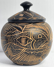 Handmade Carved Black And Tan Wooden Jar Lidded Fish Wood Bowl Trinket Canister - £17.07 GBP