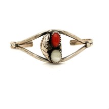 Vtg Sterling Native American Navajo Coral Mother of Pearl Cuff Bracelet sz 6 3/4 - £58.08 GBP