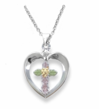 Sterling Silver Gold Enameled Heart With Inner Cross Necklace &amp; Chain - £71.09 GBP