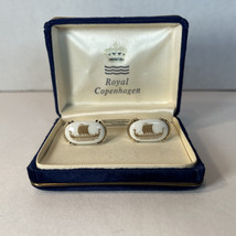 Vintage Royal Copenhagen Cufflinks Gold Porcelain Viking Ship in Original Box - $72.55