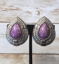 Vintage Clip On Earrings Extra Large Statement Purple &amp; Silver Tone *Tarnished* - £12.04 GBP