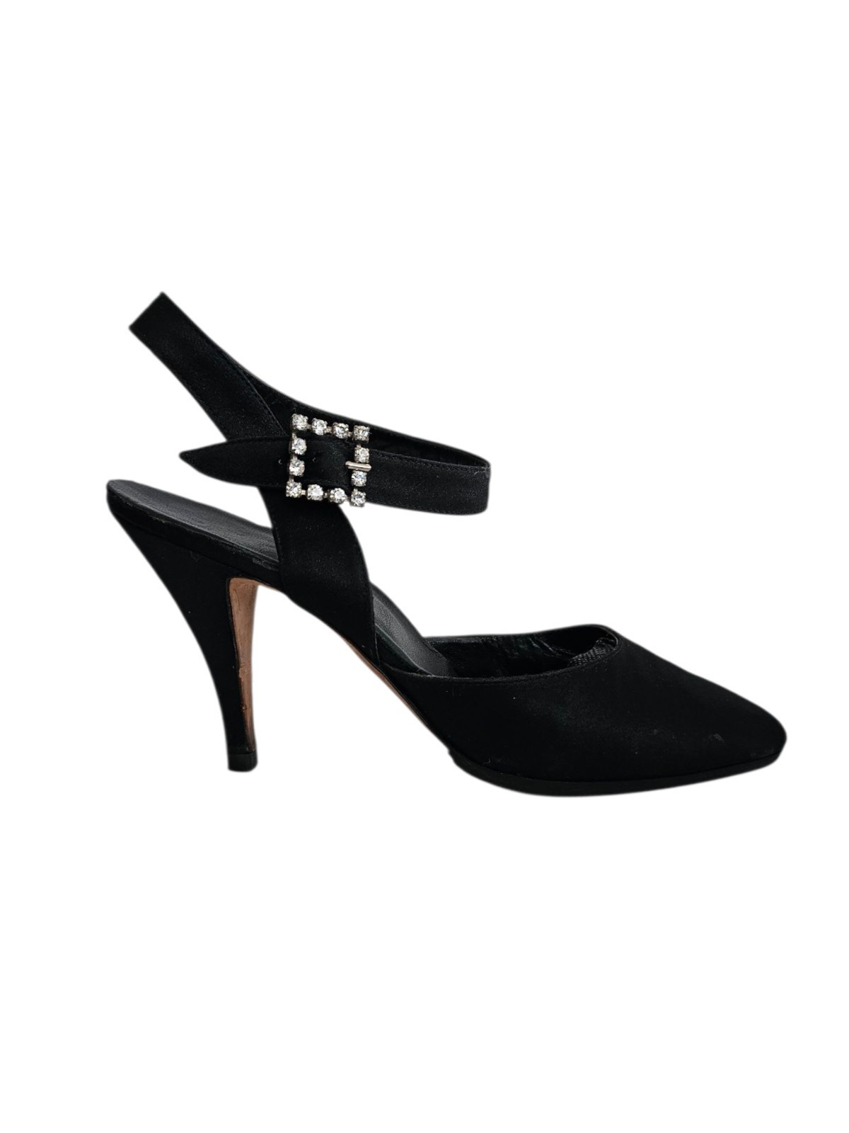 MANOLO BLAHNIK Vintage 90s Y2K Black Stiletto Satin Heels, Sz 38.5 Crystal - $69.30