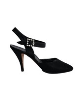 MANOLO BLAHNIK Vintage 90s Y2K Black Stiletto Satin Heels, Sz 38.5 Crystal - $69.30