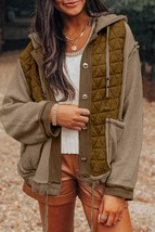 Jungle Green Quilted Textured Patchwork Loose Fit Hooded Jacket - £38.88 GBP