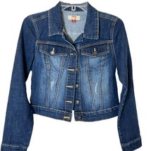 L.E.I. Jean Jacket Girls Junior Small Blue Dark Wash Distressed Stretch Denim - £11.05 GBP