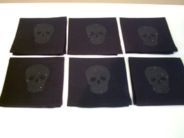 Set 6 William Sonoma Black Sparkle Spooky Skull Drink Napkin Linen &amp; Cot... - $19.99