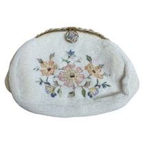 Vintage Floral Multicolor Embroidered Ivory Beaded Purse Clutch Made In ... - $65.33