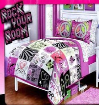 Unique Peace Love Rocks Pink Twin Comforter Sheets Pillowsham 5PC Bedding New - $105.86