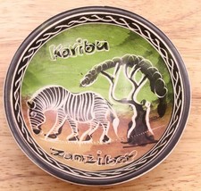 Vintage Ethnic African Art Souvenir Trinket Bowl Karibu ZANZIBAR Zebra S... - $20.98