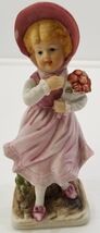 VC) Vintage Pink Country Girl with Flower Bouquet Ceramic Figurine 5-1/2... - $5.93