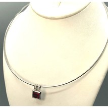 Omega Wire Collar Necklace with Ruby Red Square Crystal Pendant, Silver Tone - £30.44 GBP