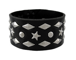 5845 black leather chrome round star diamond studs wristband 1m thumb200