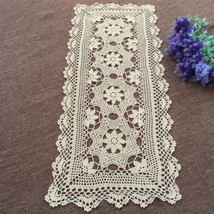 Beige Lace Rectangular Table Runner Dresser Scarf Hand Crochet Doily 15x35inch - £15.12 GBP