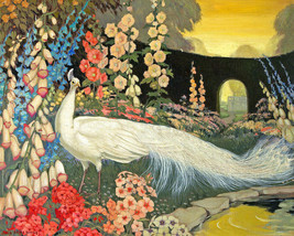 Frame Canvas art print giclée White peacock in hollyhock foxglove fantasy garden - £31.10 GBP+