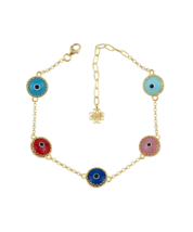 5 Beads Multi Color Evil Eye Women Gold Plated Silver Link Bracelet | Shop Now - $25.99