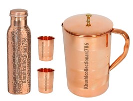 Pure Copper Hammered Bottle Water Pitcher Jug 2 Drinking Tumbler Glass Set Of 4 - £46.54 GBP